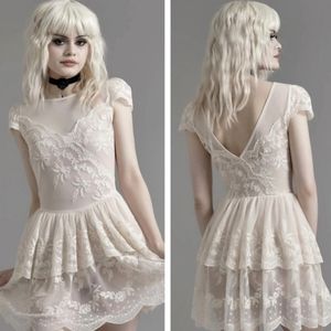 Dolls Kill Widow tea stained lace tiered mini dress - off white nude
